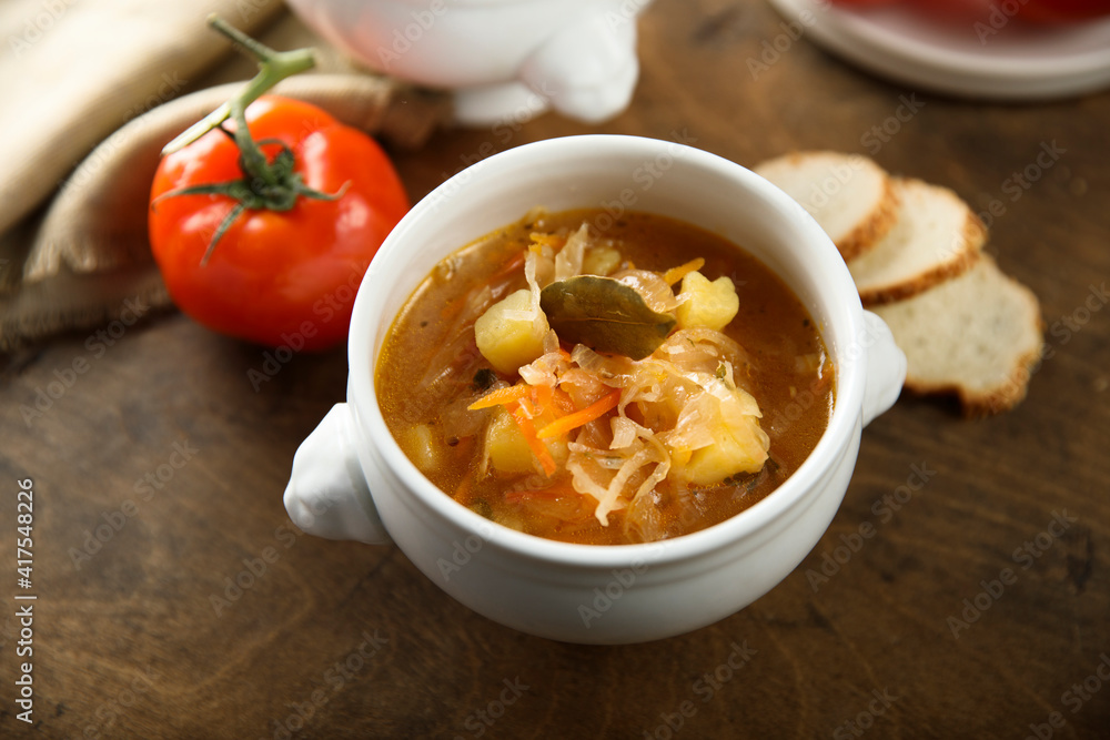 Traditional homemade Russian sauerkraut soup