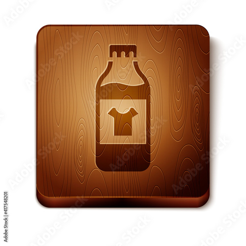 Brown Plastic bottle for laundry detergent, bleach, dishwashing liquid or another cleaning agent icon isolated on white background. Wooden square button. Vector.