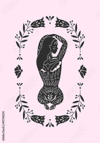 Delicate graphic illustration with a stylized girl. Spring greeting card.Template design for cards, invitations, mailings, posters.