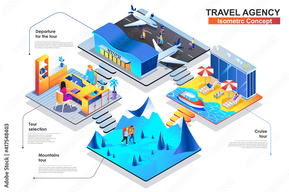 Travel agency isometric concept. Scenes of people characters choose tour, fly on trip, hiking in mountains or relaxing on cruise. Tourism and outdoor activities. Vector flat illustration in 3d design