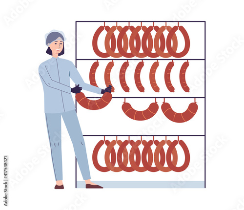 Sausage factory worker hanging food on rack, isolated cartoon woman