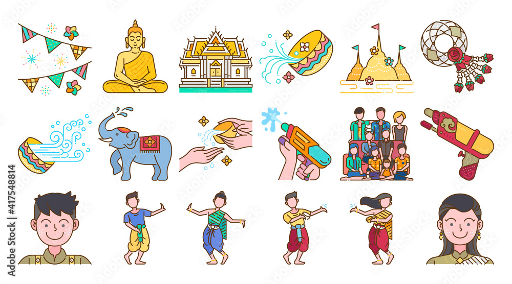 Songkran thailand festival colored line icon