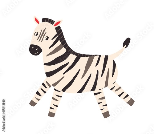 Cute and funny zebra in Scandinavian style. African baby animal walking. Colored flat vector illustration isolated on white background