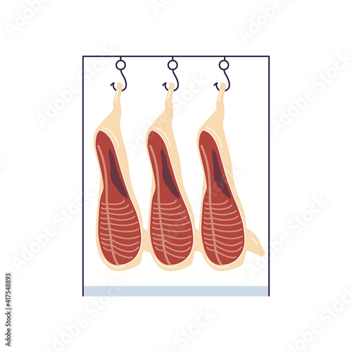 Raw meat carcass hanging on food factory rack, isolated
