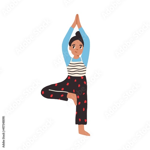 Child practicing yoga exercises and standing in tree or Vrikshasana pose. Happy smiling girl during workout. Colored flat vector illustration isolated on white background