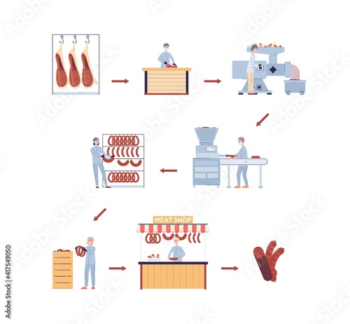 Stages meat processing infographics a vector illustration isolated on a white.