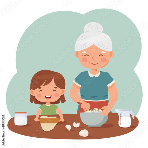 Grandmother and granddaughter cooking in the kitchen together. Vector flat cartoon illustration.