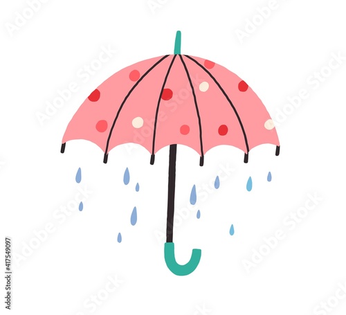 Cute umbrella with falling rain drops in doodle style. Kids colored flat vector illustration with raindrops isolated on white background