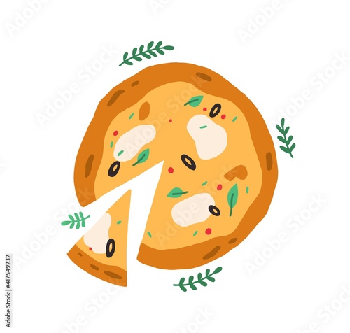 Top view of whole Italian pizza with sliced triangle piece. Vegetarian food with mozzarella cheese, olives and greens. Colored flat vector illustration isolated on white background