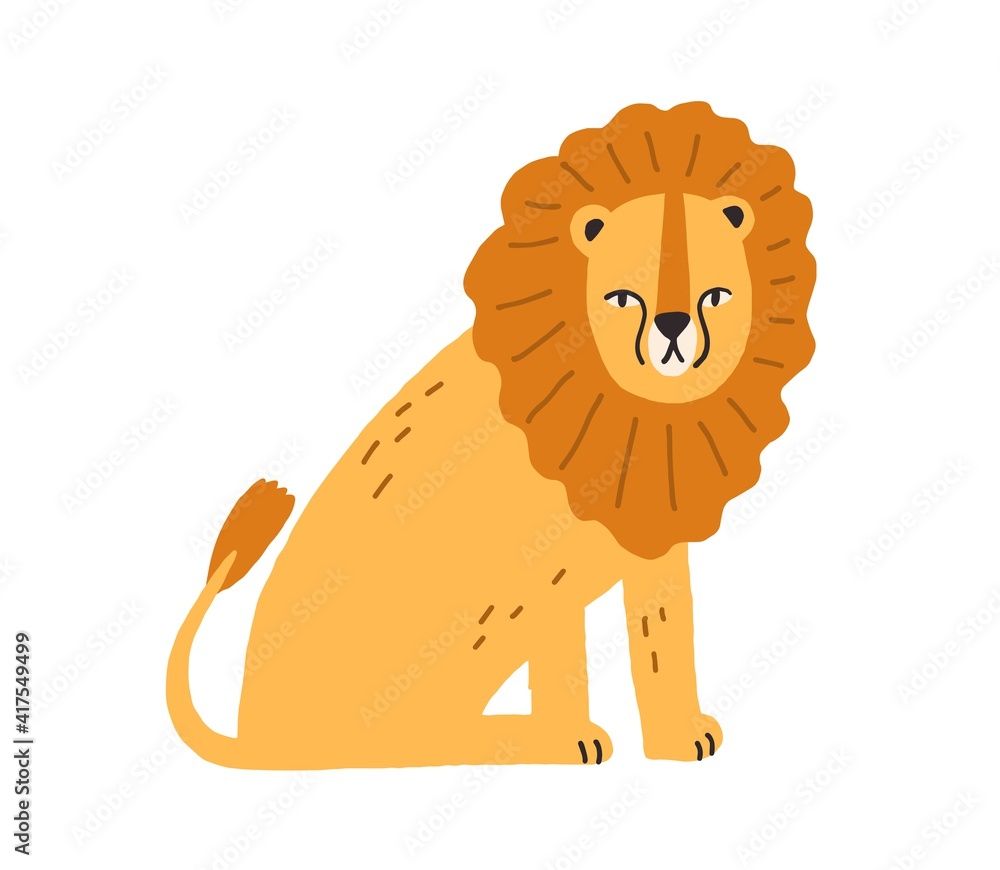 Cute funny lion with thick mane isolated on white background. Adorable baby  animal. Childish character in Scandinavian style. Colored flat cartoon  vector illustration Stock Vector | Adobe Stock