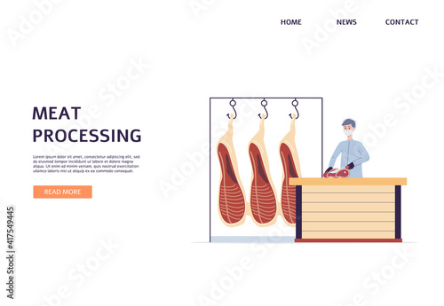 Meat processing banner with butcher cuts meat carcass, flat vector illustration.