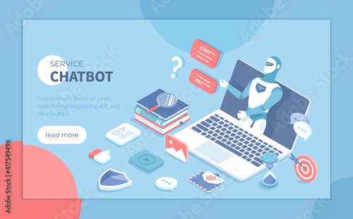 Chatbot robot virtual communicate via laptop. Сhat bot application gives answers to questions. Dialog helping service. Online technology support. Isometric vector illustration for banner, website.