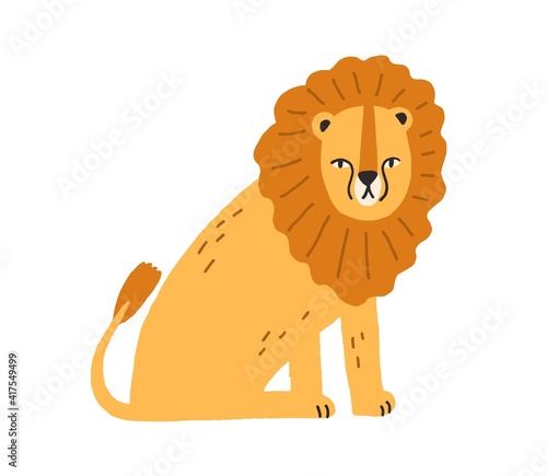 Cute funny lion with thick mane isolated on white background. Adorable baby a...