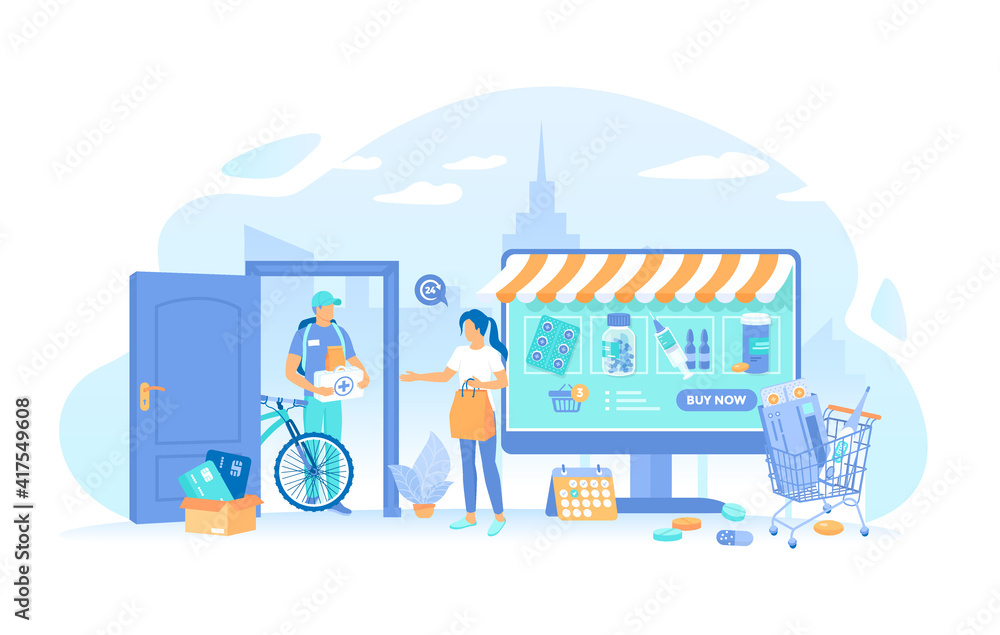 Woman orders medicines on a large monitor. Online Pharmacy. Online medical store with delivery. Health service, medical care app. Vector illustration flat style. Woman orders medicines on a large monitor. Online Pharmacy. Online medical store with delivery. Health service, medical care app. Vector illustration flat style.