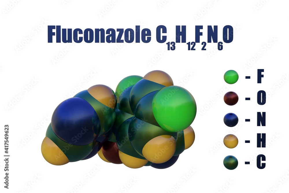 Structural chemical formula and molecular model of fluconazole, a drug