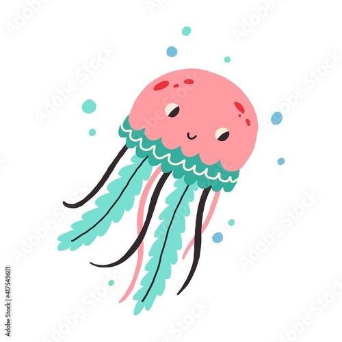 Cute baby jellyfish swimming. Jelly fish with happy smiling face isolated on white background. Colored flat vector illustration of wild marine animal