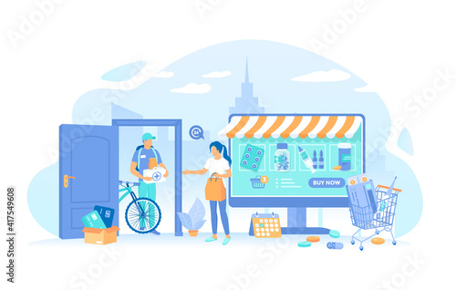 Woman orders medicines on a large monitor. Online Pharmacy. Online medical store with delivery. Health service, medical care app. Vector illustration flat style.