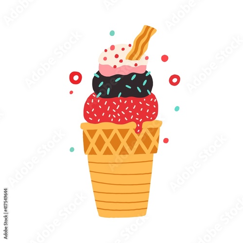 Waffle cone with different balls of ice cream with scattered sprinkles. Color...