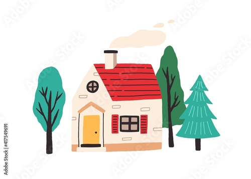 Cute little country house with door, windows and attic. Exterior of home with chimney and smoke. Village cottage among trees. Colored flat vector illustration isolated on white background