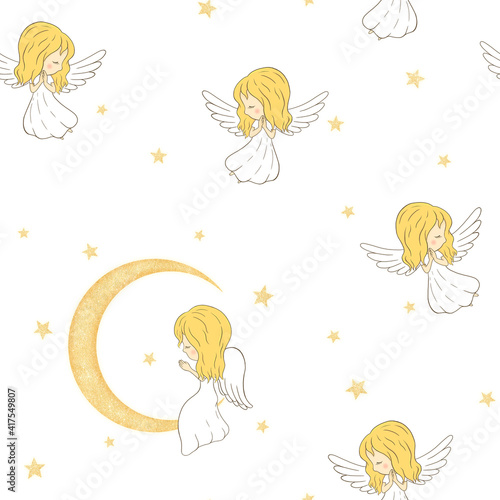 seamless pattern with cute angels. Angels fly in the sky, golden stars moon and blue sky