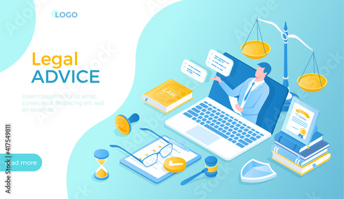 Legal Advice and Aid. Online services. A professional lawyer gives consultation through a laptop. Law and justice concept. Isometric vector illustration for website.