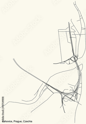 Black simple detailed street roads map on vintage beige background of the municipal district Lahovice cadastral area of Prague, Czech Republic photo