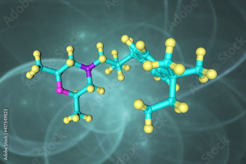 Molecular model of amorolfine, a morpholine antifungal drug that used to treat some types of fungal nail infections, of the toenail or fingernail. Scientific background. 3d illustration photo