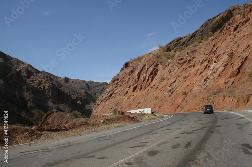 Pamir highway M41 international roa or pamirskij trakt. Panj river and Pamir mountains. Panj is upper part of Amu Darya river. Panoramic view.Tajikistan and Afghanistan border, Gorno-badakhshan region