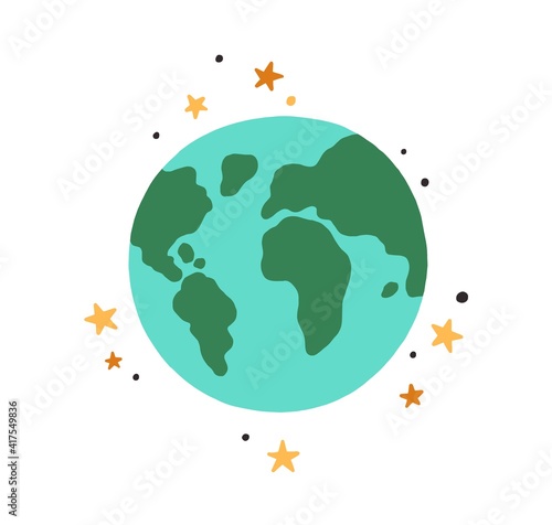 Abstract Earth globe with continents and oceans. Icon of world or planet drawn in doodle style. Colored flat vector illustration isolated on white background