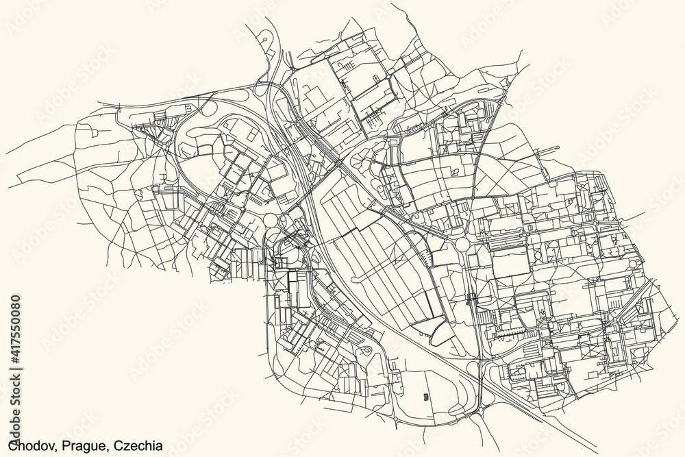 Black simple detailed street roads map on vintage beige background of the municipal district Chodov cadastral area of Prague, Czech Republic