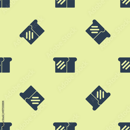 Blue Bread toast for sandwich piece of roasted crouton icon isolated seamless pattern on yellow background. Lunch, dinner, breakfast snack. Vector.
