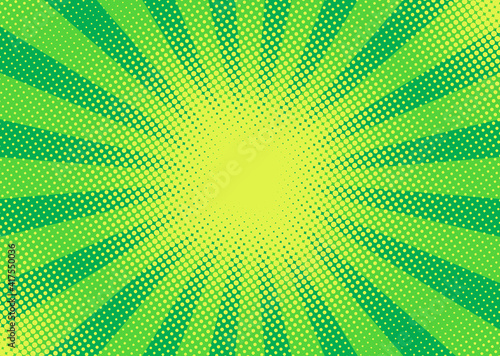Pop art halftone background. Comic starburst pattern. Green sunburst effect. Cartoon banner with dots and rays. Vintage duotone texture. Vector illustration. Superhero banner. Gradient wow design.
