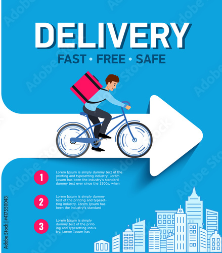 Vertical poster or banner Delivery. Courier rides on Bicycle delivering orders. Fast, free, safe delivery.Template layout delivery. Modern design. Vector illustration.