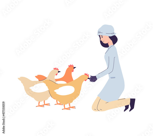 Poultry breeding on chicken factory or farm, girl farmer feeding chickens.