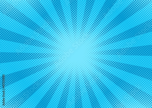 Pop art halftone pattern. Comic starburst background. Blue duotone texture. Cartoon banner with dots and rays. Vector illustration. Vintage gradient wow design. Superhero starburst wallpaper.