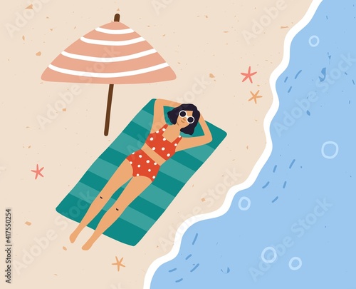 Top view of young woman relaxing and sunbathing in bikini on sandy beach at seaside in summer. Female character in sunglasses lying under umbrella at sea resort. Flat textured vector illustration