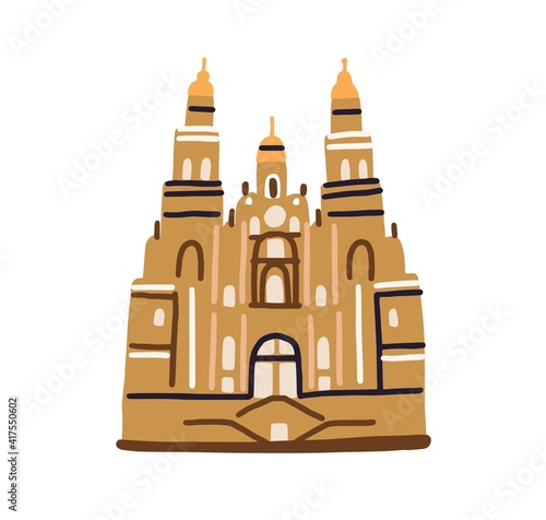 Santiago de Compostela cathedral, famous architectural landmark in Spain. Old building of Spanish catholic church in doodle style. Colored flat vector illustration isolated on white background