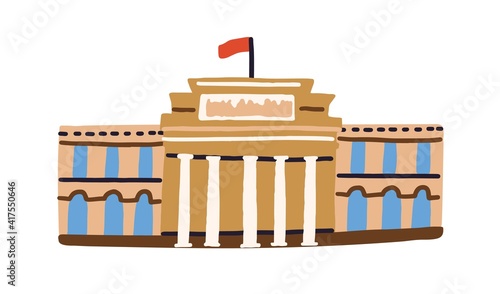 Building of National Prado museum in Madrid, Spain. Facade of Spanish art museo. Famous architecture landmark. Hand-drawn colored flat vector illustration isolated on white background