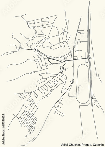 Black simple detailed street roads map on vintage beige background of the municipal district Velká Chuchle cadastral area of Prague, Czech Republic