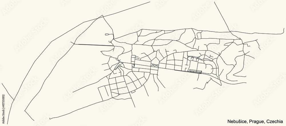 Fototapeta premium Black simple detailed street roads map on vintage beige background of the municipal district Nebušice cadastral area of Prague, Czech Republic