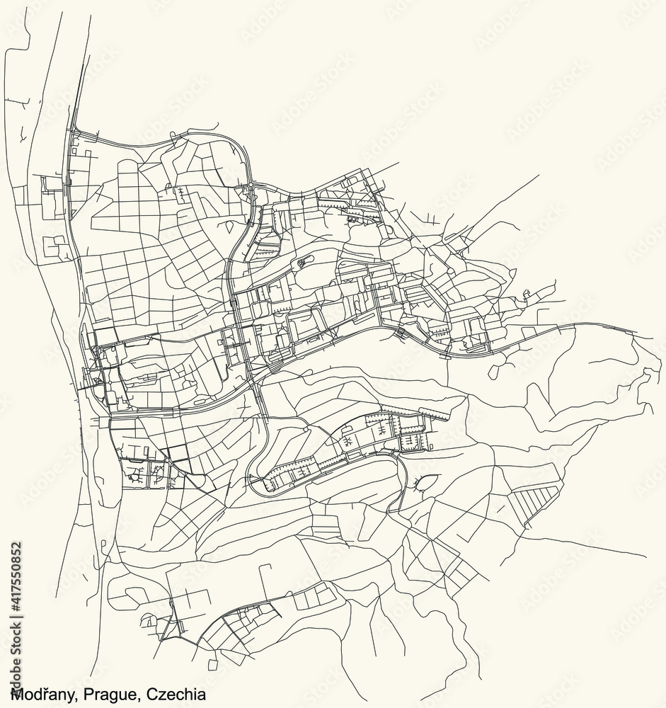 Black simple detailed street roads map on vintage beige background of the municipal district Modřany cadastral area of Prague, Czech Republic