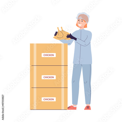Worker of chicken meat factory packs products, flat vector illustration isolated.