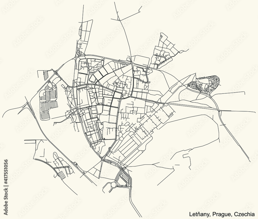 Black simple detailed street roads map on vintage beige background of the municipal district Letňany cadastral area of Prague, Czech Republic