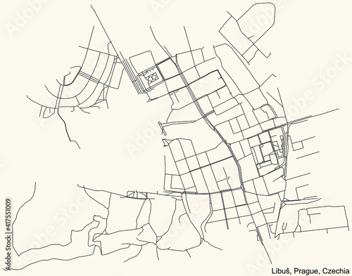 Black simple detailed street roads map on vintage beige background of the municipal district Libuš cadastral area of Prague, Czech Republic