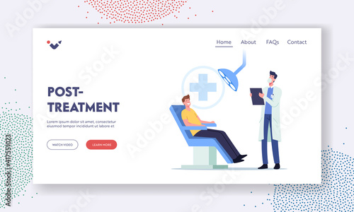 Dental Post Treatment Landing Page Template. Man Patient Sit in Chair in Stomatologist Cabinet. Doctor Conduct Check Up