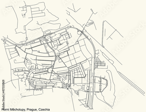 Black simple detailed street roads map on vintage beige background of the municipal district Horní Měcholupy cadastral area of Prague, Czech Republic