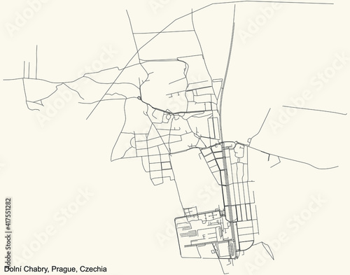 Black simple detailed street roads map on vintage beige background of the municipal district Dolní Chabry cadastral area of Prague, Czech Republic