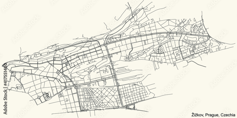 Naklejka premium Black simple detailed street roads map on vintage beige background of the municipal district Žižkov cadastral area of Prague, Czech Republic