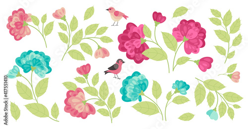 Vector collection of peonies and birds in flat style for your design 