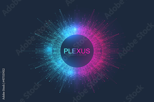 Abstract plexus background with dynamic particles. Plexus stream background with fractal elements. Deep learning artificial intelligence. Big data algorithm visualization. Digital vector illustration.